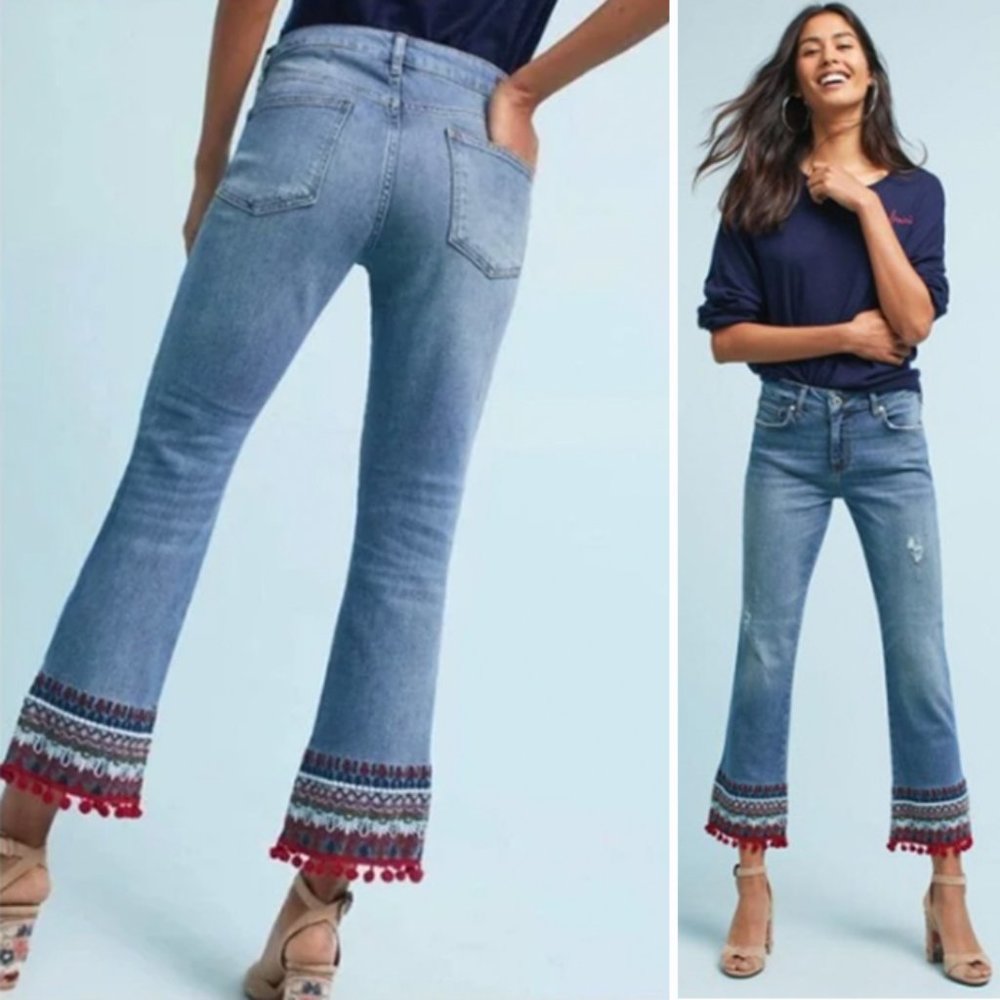 Pilcro Letterpress Straight Ankle Crop Embroidered Hem Jeans